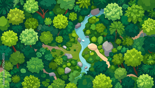 Aerial View of Lush Green Forest with Winding River