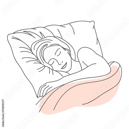 Woman sleeping peacefully on a pillow, covered with a blanket. Line illustration.