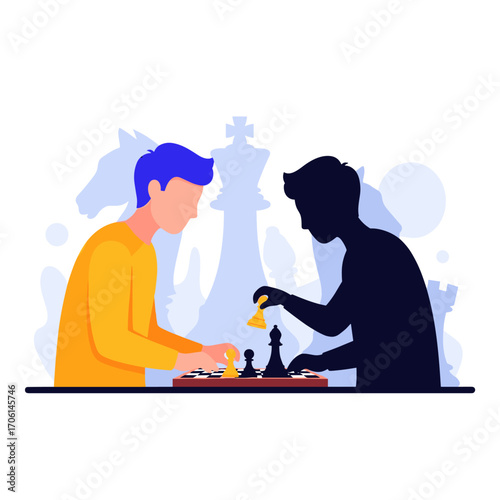 Two men playing chess strategy game board competition.