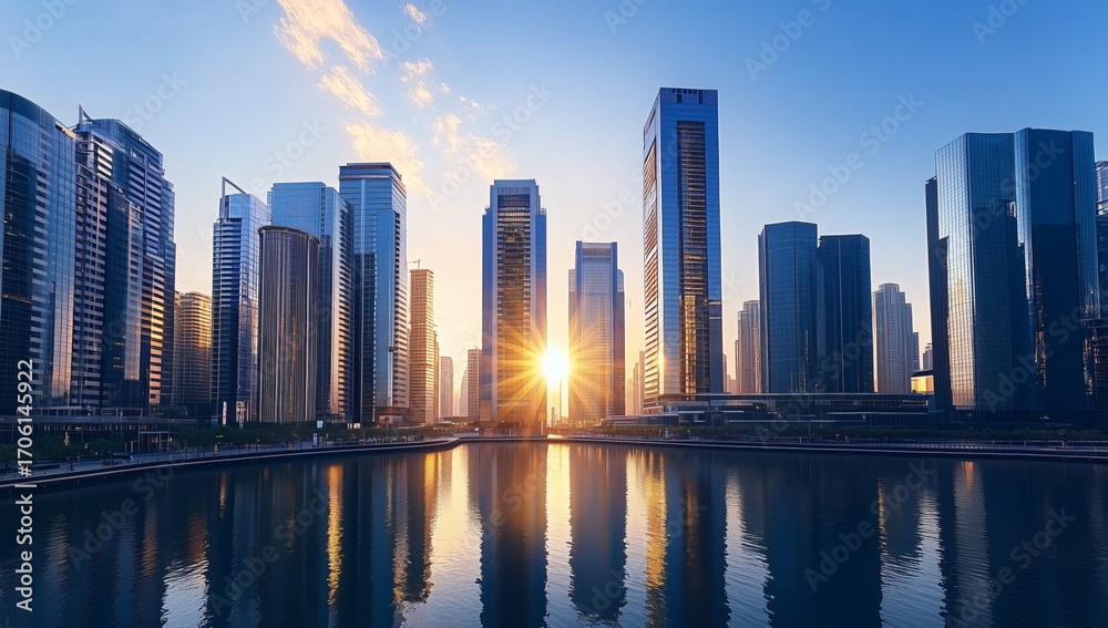 Obraz premium Sunset over sleek high rises, mirrored facades glow with warm light, cinematic city backdrop.