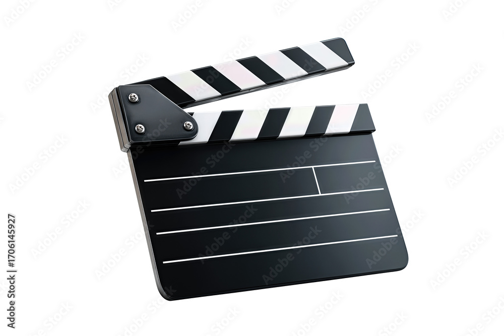 Fototapeta premium Classic movie clapperboard in black with white striped top, chrome hardware, and subtle wear marks, isolated on transparent background. 