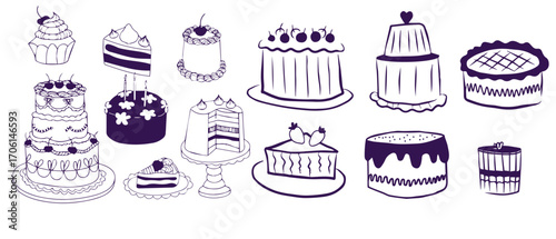 Set of stylized cakes, tarts and cupcakes. Hand drawn cartoon vector black and white sketch illustration