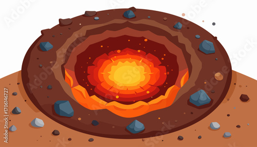 Stylized vector illustration of a fiery impact crater with a molten lava core, representing geological events and cosmic collisions