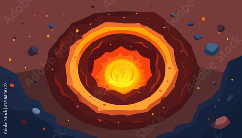 Abstract vector illustration of a fiery celestial body's core, showing a cross-section with geological layers and asteroids in space