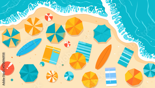 Colorful Beach Scene Overhead View of Umbrellas, Surfboards, and Beach Accessories