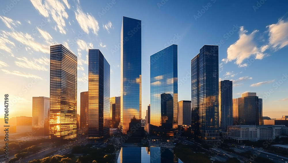 Fototapeta premium Sunset over sleek high rises, mirrored facades glow with warm light, cinematic city backdrop.