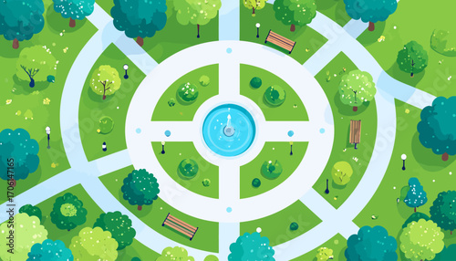 Top-down aerial view of a vibrant city park with a central water fountain, green lawns, and pathways, illustrating an urban oasis and public recreation area