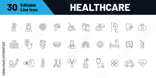 Healthcare line icon set. Health and medical such as medicine, hospital, care, doctor, heart, DNA, ambulance. Editable stroke line icon. Vector illustration.