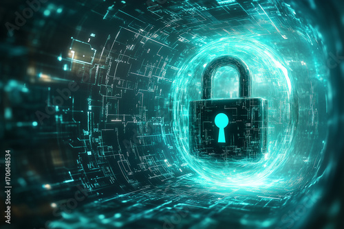 Cyber padlock symbolizing post-quantum cryptography, data protection, encryption technology, cybersecurity, secure data, quantum encryption, digital security