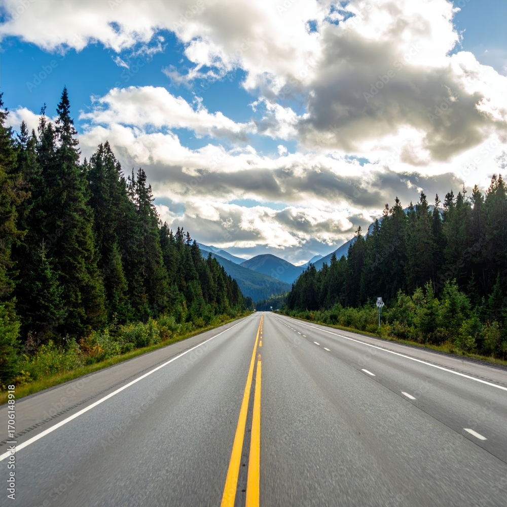 Fototapeta premium Point-of-view driving a car on a highway through a forest with mountains in the distance