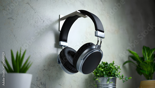 Headphones on wall: A sleek set of headphones elegantly suspended on a minimalist wall mount, flanked by verdant potted plants, creating an atmosphere of tranquil audio sanctuary.
