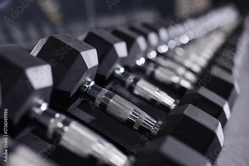 Konstfotografi Different dumbbells in gym, closeup. Sport equipment