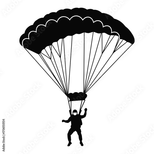 Silhouette of skydiver descending with parachute open high in the sky silhouette