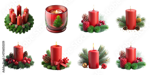 Red candles with evergreen and festive decorations isolated on a transparent background pine berry
