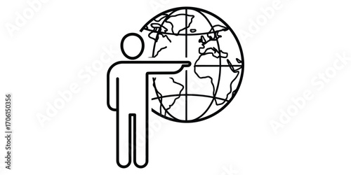 Illustration of a person pointing at a globe isolated on white background, representing global reach or influence