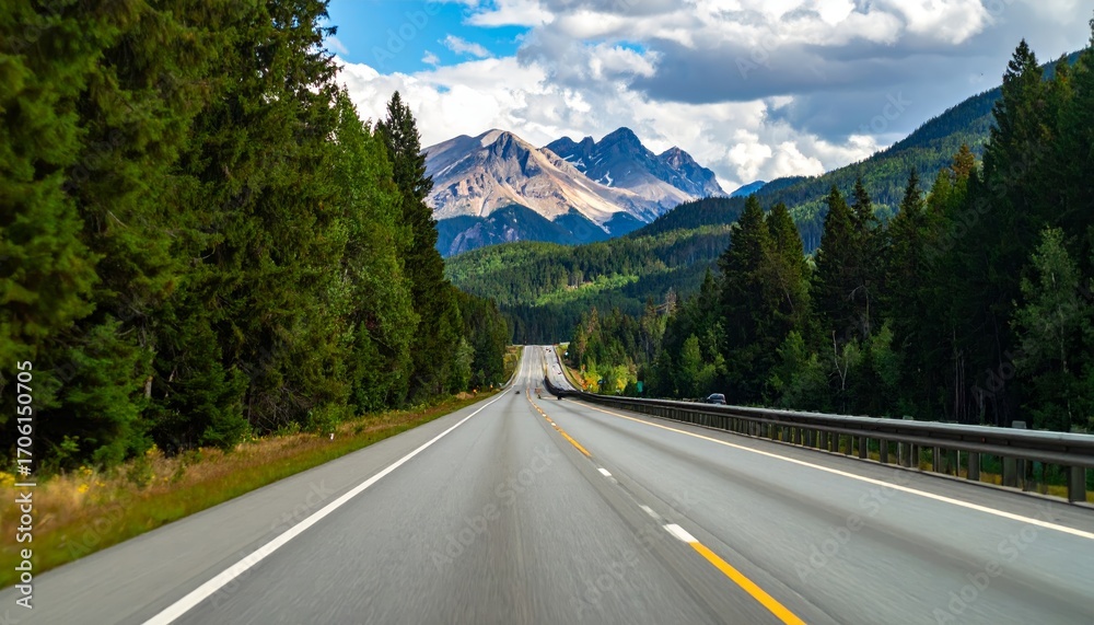 Fototapeta premium Point-of-view driving a car on a highway through a forest with mountains in the distance
