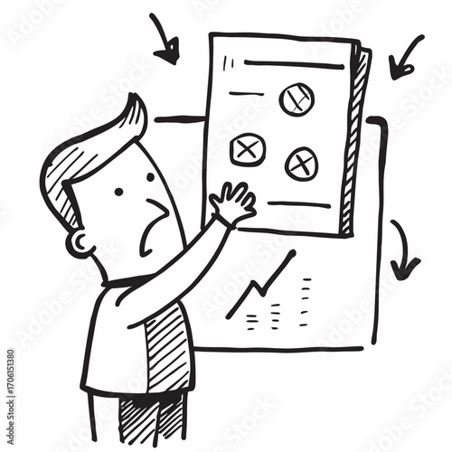 Worried businessman facing declining sales chart and negative indicators, feeling stressed and overwhelmed by business challenges, seeking solutions for financial recovery