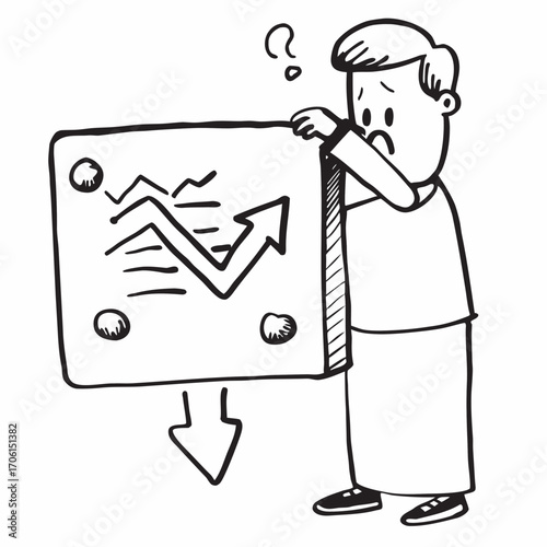 Worried businessman presenting declining financial graph, facing economic downturn and market uncertainty, feeling stressed and concerned about the future of the company