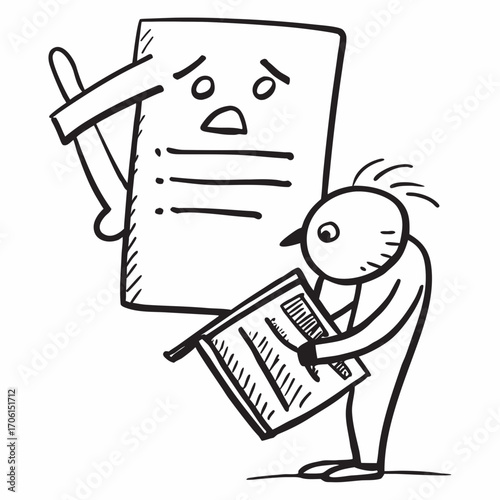 Cartoon character managing tasks, balancing priorities and deadlines with a worried checklist expression representing organization, stress, and workload demands