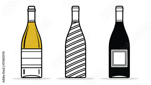 Set of three wine bottles with different designs isolated on white background
