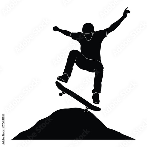 Dynamic skateboarder silhouette performing aerial trick over ground mound silhouette
