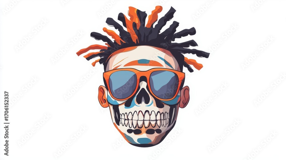 Fototapeta premium Colorful skull illustration with sunglasses, blending modern style and traditional motifs for vibrant expression.