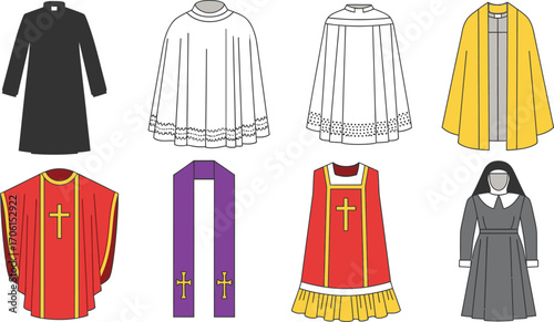 Religious Christian Vestments Collection Clergy Robes with Cross Symbols Flat