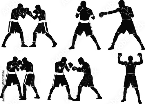 PrintBoxing silhouette vector illustration set showing male fighters in various boxing poses, punches, and victory stance isolated on white