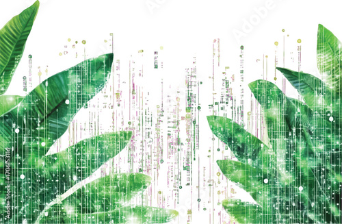 Abstract Digital Art with Green Tropical Leaves and Vertical Lines Keywords: abstract, digital art, green, tropical leaves, nature, technology, futuristic