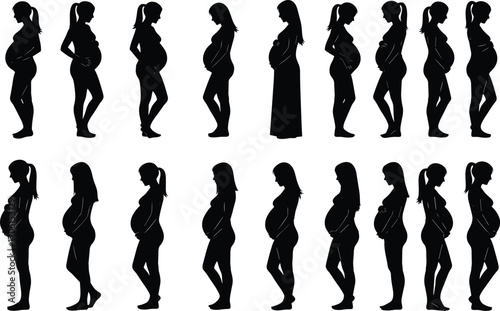 Pregnant woman silhouette collection, maternity stages, pregnancy journey, expecting mother, motherhood concept, baby bump, prenatal growth, female health, maternal care, family planning