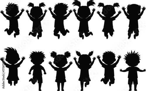 Children silhouettes jumping, happy kids playing, joyful childhood moments, boy and girl silhouettes, active kids, fun outdoors, playful children, childhood energy, kids jumping silhouette