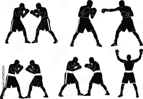 PrintBoxing silhouette vector illustration showing male fighters in different boxing poses, punches, defense, and victory stance isolated on white