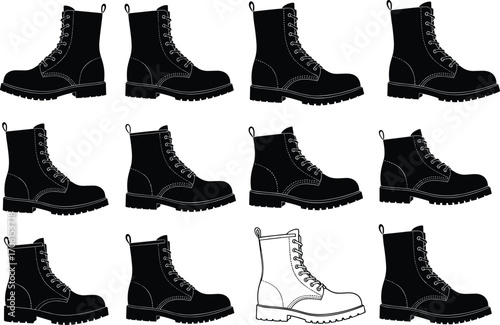 Black combat boots collection, leather footwear, rugged shoes, lace-up boots, ankle boots, fashion boots, durable shoes, outdoor footwear, stylish boots, casual boots