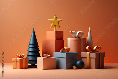 Collection of stylized christmas gifts and tree in warm tones
