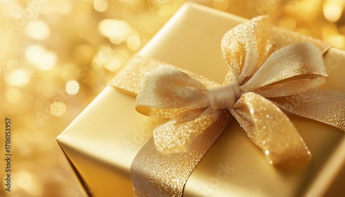 Shiny Gold Present Box Tied With A Glittering Gold Ribbon, Luxurious Package For Special Occasions And Celebrations, Elegant Gesture.
