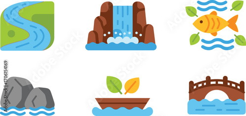River Stream, Waterfall on Rocks, Yellow Fish in Water, Gray Stones, Boat and Bridge Set