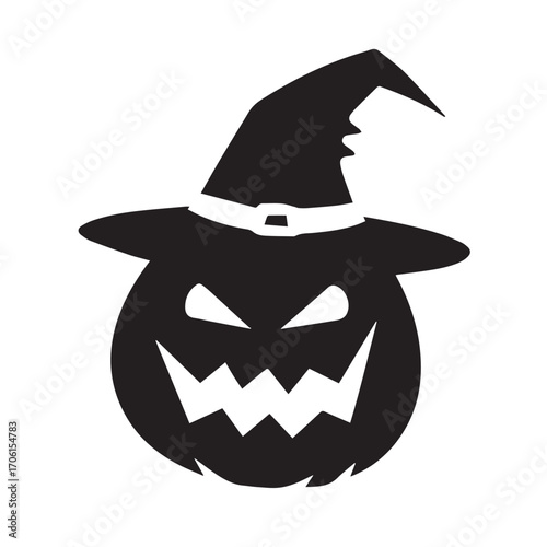 Spooky halloween pumpkin witch silhouette with grinning face