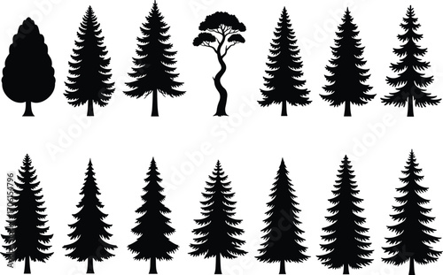 Pine tree silhouettes collection, evergreen forest, conifer trees, nature landscape, outdoor woodland, tree shapes, forest silhouettes, natural environment, seasonal trees, woodland design
