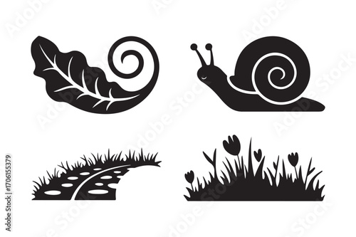Nature silhouettes of snails and garden elements