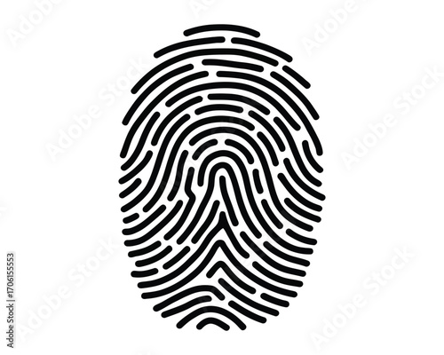 Monochrome graphic icon representing a unique thumbprint pattern used for biometric verification and identity
