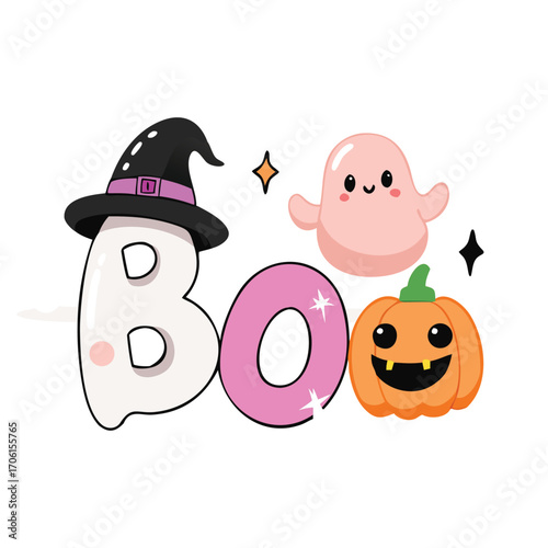 Cute halloween boo text with ghost pumpkin and witch hat