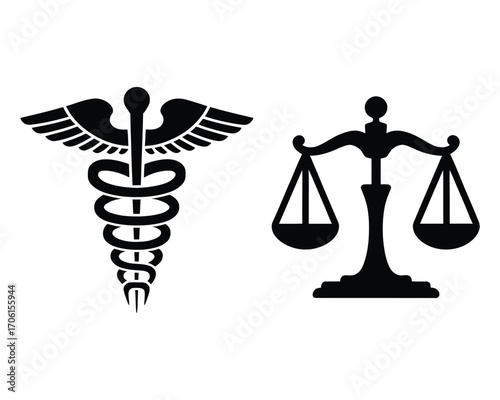 A black and white vector illustration of the caduceus medical symbol and scales of justice, representing medical law, healthcare policy, and ethics