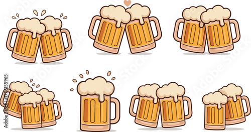 Cartoon beer mugs illustration, clinking frothy glasses, celebration drink icons, pub party cheers artwork, craft beer vector design elements collection