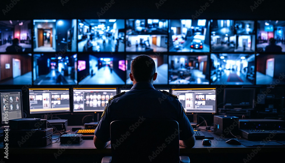 custom made wallpaper toronto digitalSecurity officer monitors surveillance screens in dim control room