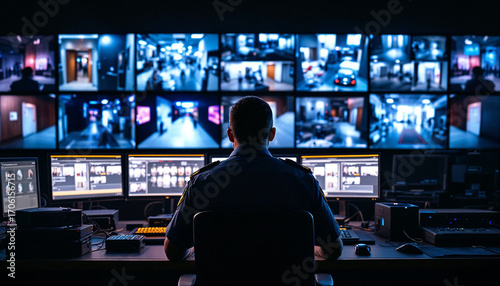 Security officer monitors surveillance screens in dim control room