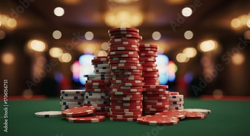 Stacks of poker chips on a green felt table, symbolizing the thrill of gambling. The chips are red and white, in focus, with a bokeh background of casino lights.