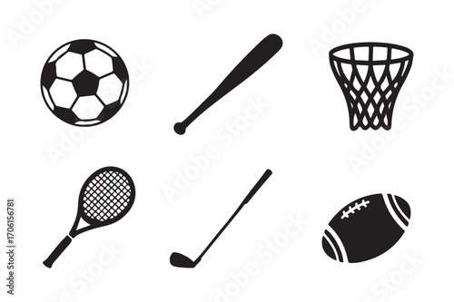 Collection of black and white sports equipment icons