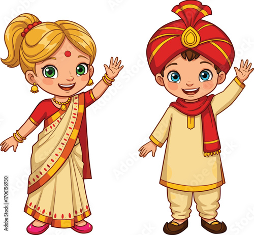 PrintCute Indian cartoon boy and girl in traditional dress, waving hands, ideal for cultural, festival, educational, and ethnic vector use