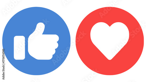 Social media reaction buttons set — thumbs up and heart icons inside circular buttons, like and love emoji symbols, notification and post reaction vector illustration.