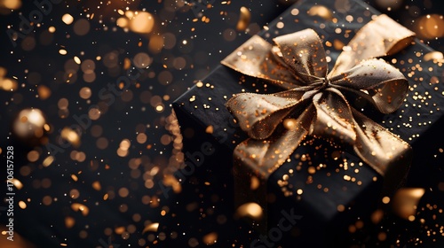 Luxurious black gift box tied with a gold ribbon and surrounded by sparkling bokeh lights for a festive celebration.